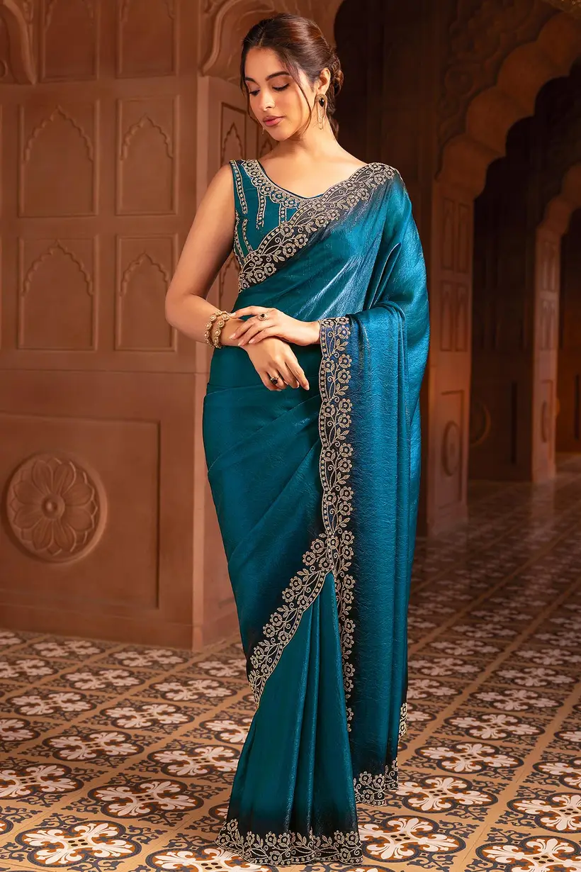 Teal Blue Organza Saree With Stone Work